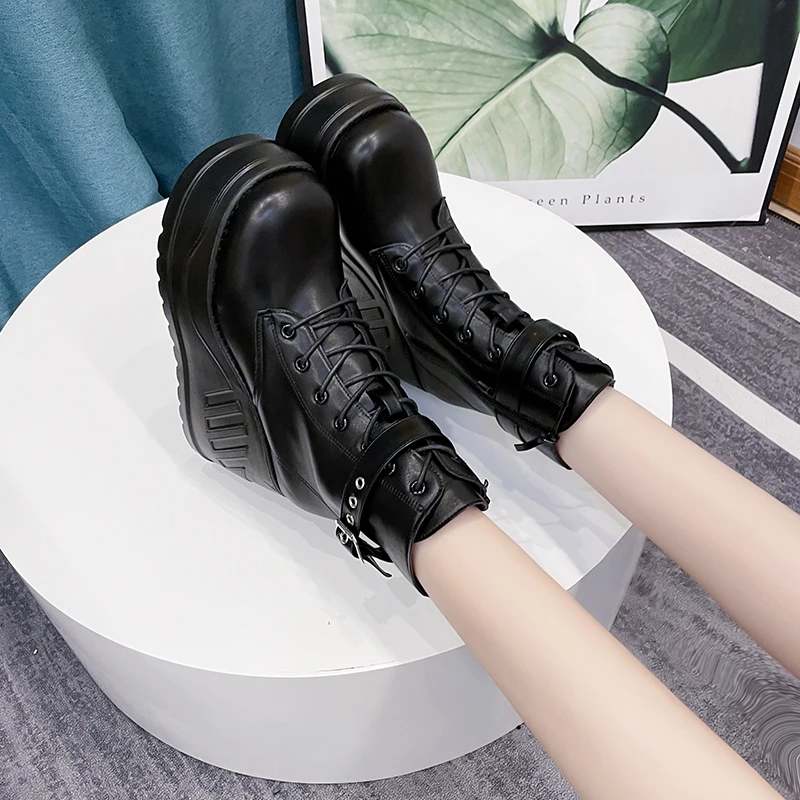 2023 Shoes for Female Side Zip Belt Buckle Women's Ankle Boots Wedge Heel Women's Shoes High Platform Plus Size Ladies Boots