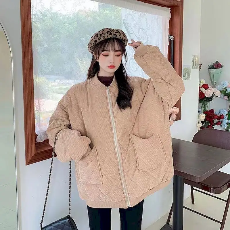 

New 2023 Autumn Winter Female Overcoat Women Thick Jackets V-neck Puffer Corduroy Parkas High-Quality Warm Vintage Wild Coats