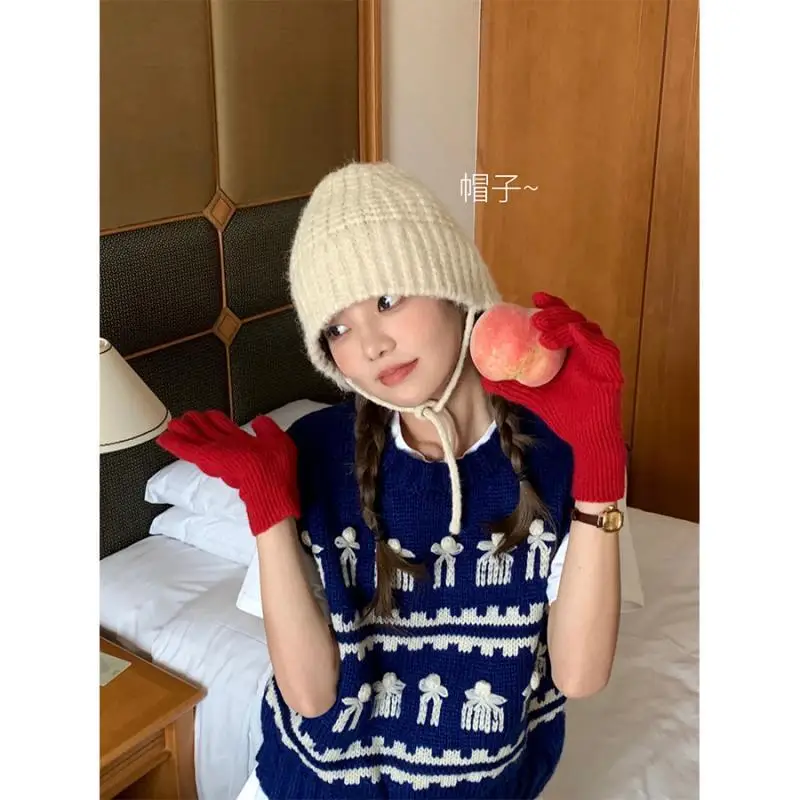 

Cute Girls' Knitted Ear Protection Hat Women's Woolen Knitt Hat Korean Solid Winter Warm Fisherman Hats
