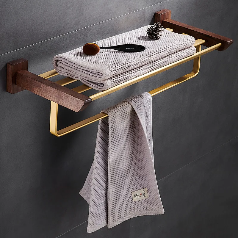 Wall Mounted Towel Rack North American Walnut Toilet Paper Holder Brushed Brass Storage Shelves Practical Versatile Shower Shelf