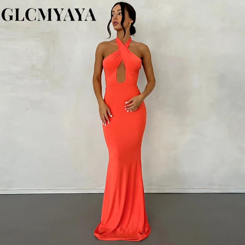 

GLCMYAYA Women Solid Hollow Out Lace-up Sleeveless Neck-mounted Bodycon Dress 2023 Summer Fashion Backless A-LINE Dresses