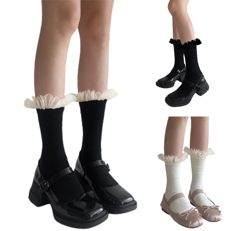

1 Pair Princess Ruffled Socks, Womens Middle Tube Socks Lolitas Socks Cotton Autumn Sweet Short Thin Socks