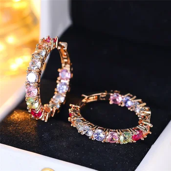 Crystal Pink Red Rainbow Zircon Stone Round Hoop Earrings Luxury Female Gold Color Wedding Jewelry For Women