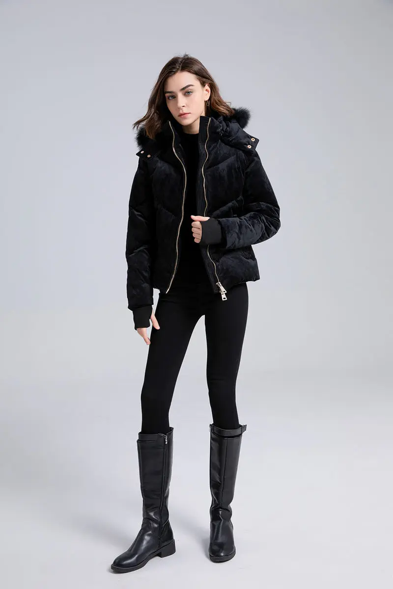 AS winter woman Velour / Vegan leather coat filled down outwear Detachable nature fur metal gold zipper women winter coat