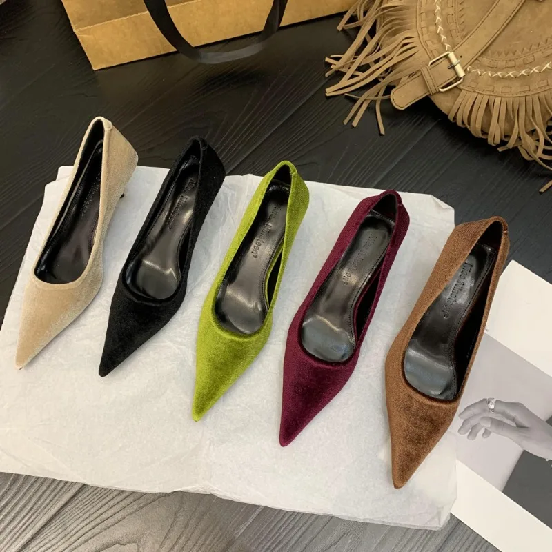 

New Flashion Heels Shoes Women Low Heel Pointed Toe Pumps Velvet Shoes Slip-on Cozy Heeled Shoes High Heels Women Zapatos Mujer
