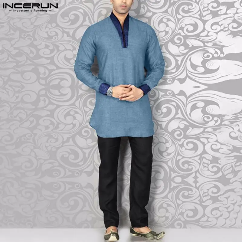 INCERUN Tops 2023 Muslim Style New Mens Hot Selling Shirts Dual Color Patchwork Design Standing Collar Long Sleeved Blouse S-5XL