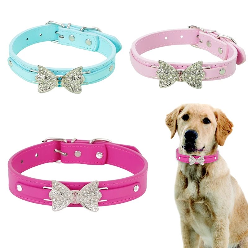 

Personalized Leather Dog Collar Shiny Diamond Bowknot Decoration Necklace Adjustable PU Collars For Small Medium Dogs Cats