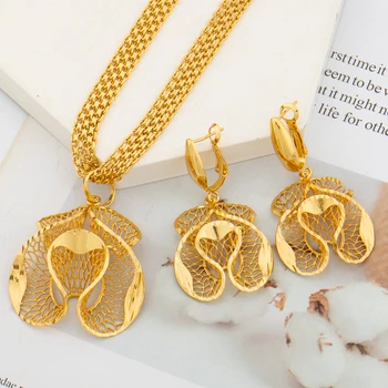 Earrings and Pendant Jewelry Set African Gold Color Necklace Hollow Out Design Drop Earrings and Chain Necklace 2Pcs Set Party