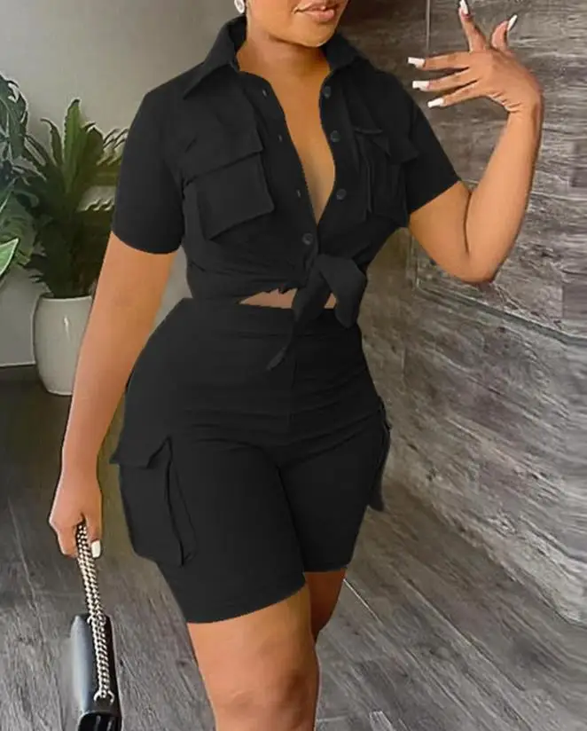 Women's Casual Set Latest Solid Color Lapel Shoulder Bump Short Sleeved Navel Exposed Top and Pocket High Waisted Shorts Set