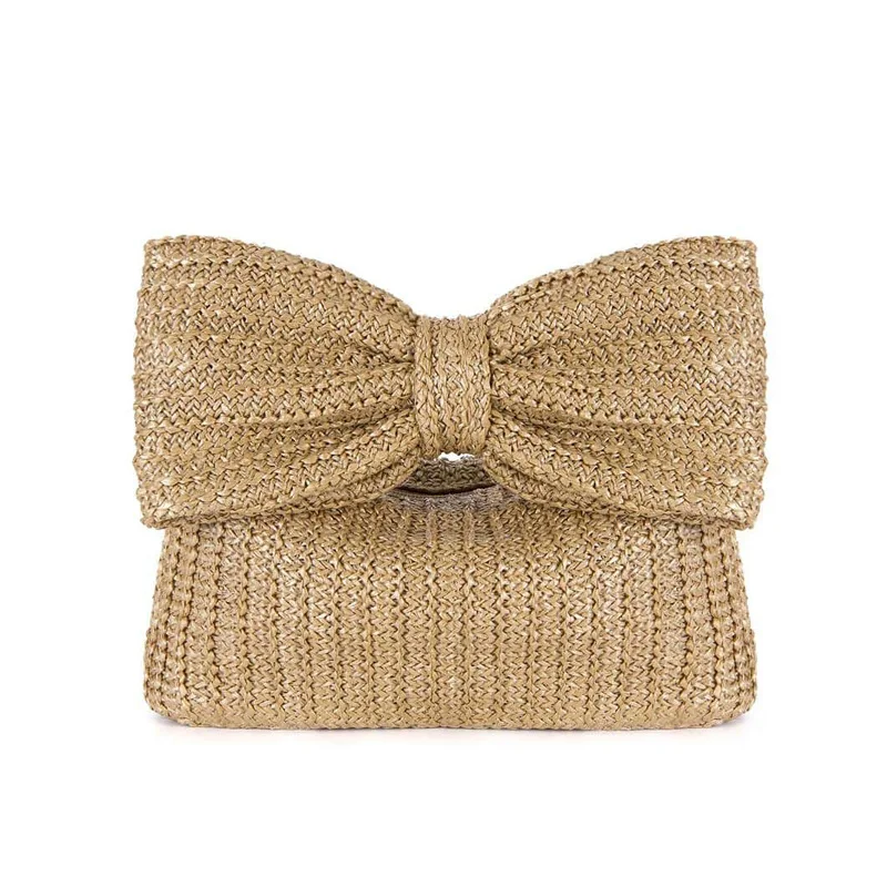 Fashion Bownot Woven Straw Clutch Bag for Women Cute Small Handbags Casual Summer Beach Bags Elegant Vacation Mini Purses 2024