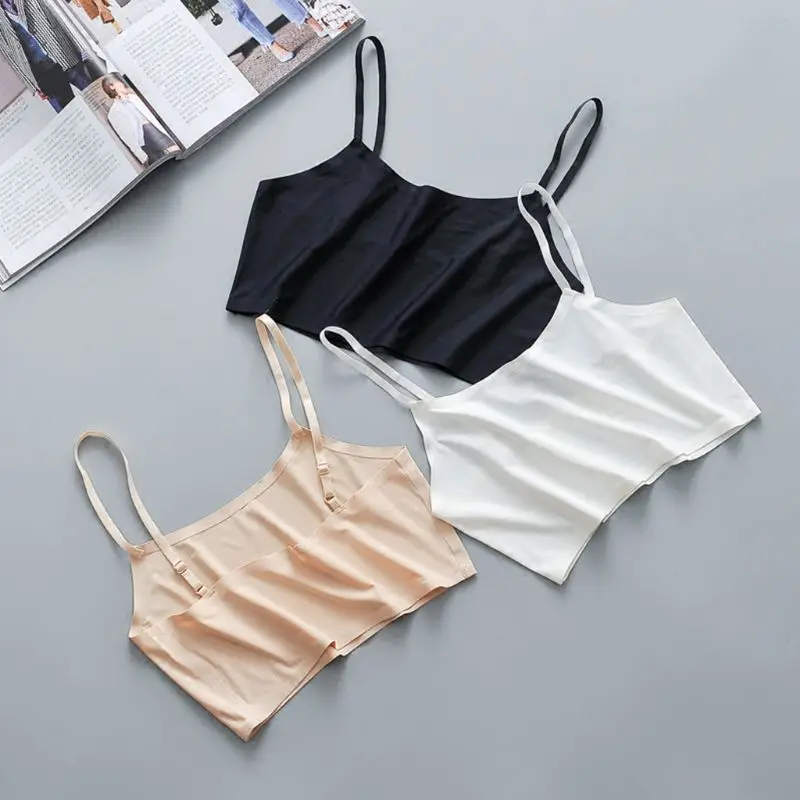 Women Girls Summer Ice Silk Crop Top Spaghetti Strap Seamless Bralette Solid Color Wire Free No Padded Basic Stretch Camisole