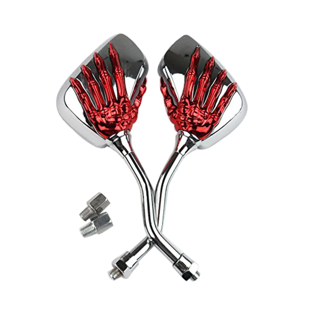 

Pair Motorcycle Motorbike Black Skull Hand Claw Side Mirrors Rear View (Red)
