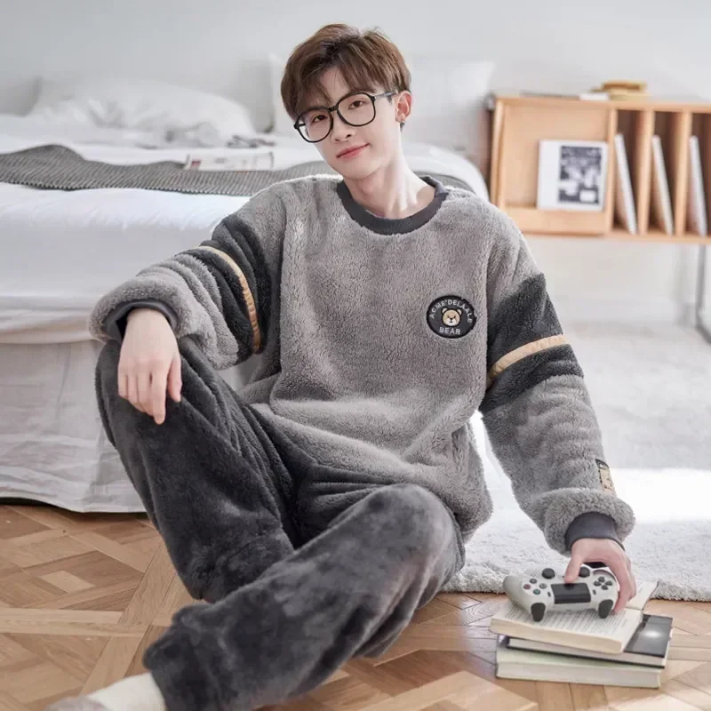 

Домашняя одежда, пижама, бархатная Домашняя одежда, мужская теплая одежда с рукавами, толстая зимняя фланелевая одежда для сна, комплекты размеров 2023, Новинка для пижамы кораллового цвета, длинная