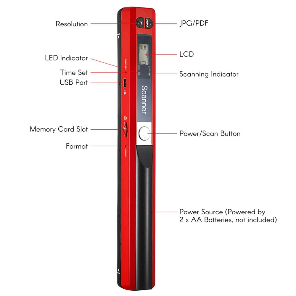 Portable Handheld Wand Wireless Scanner A4 Size 900DPI JPG/PDF Formate LCD Display with Protecting Bag and 8GB TF Card