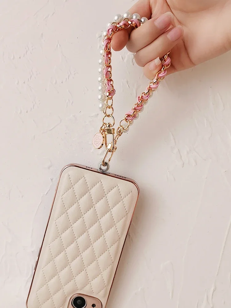 Camellia Pearl Mobile Phone Charm keychain Chain Girl Woman Cell