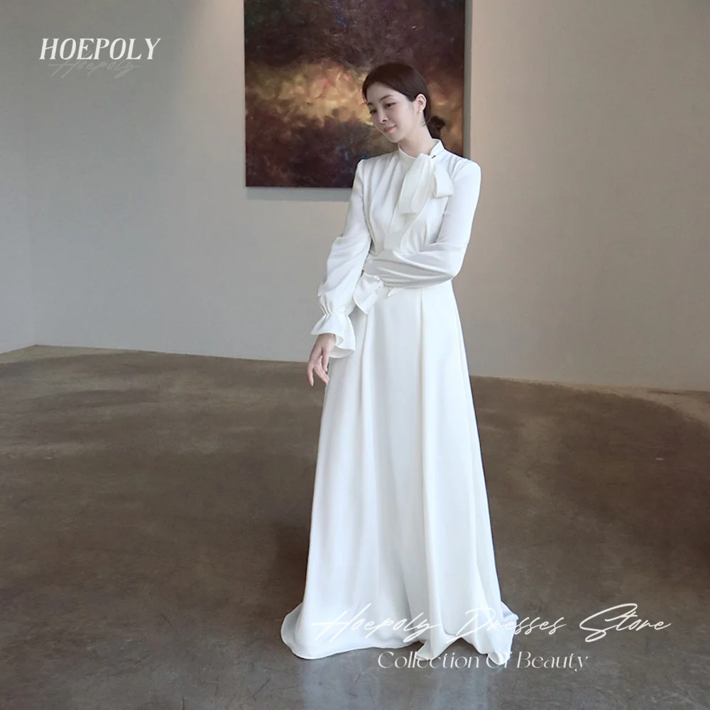 

Hoepoly A Line Prom Evening Dresses High Neck Pleated Korea Wedding Dress Floor Length Zipper Up Garden Party Gowns