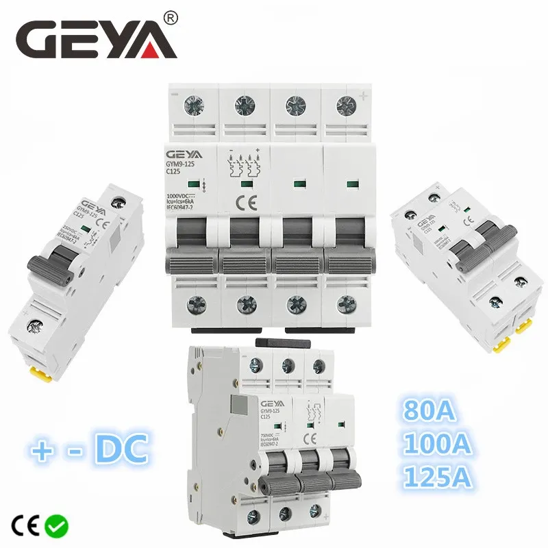 GEYA GYM9-125 DC MCB 1P 2P 3P 4P 250V 500V 750V1000VDC Mini Circuit Breaker 80A 100A 125A 6KA DC MCB