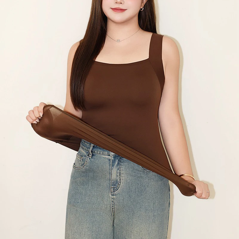 Plus Size Women's Tank Tops Premium Chest Pad Push-Up Seamless Inner Vest Slim Square Collar Wide Shoulder Strap Sleeveless