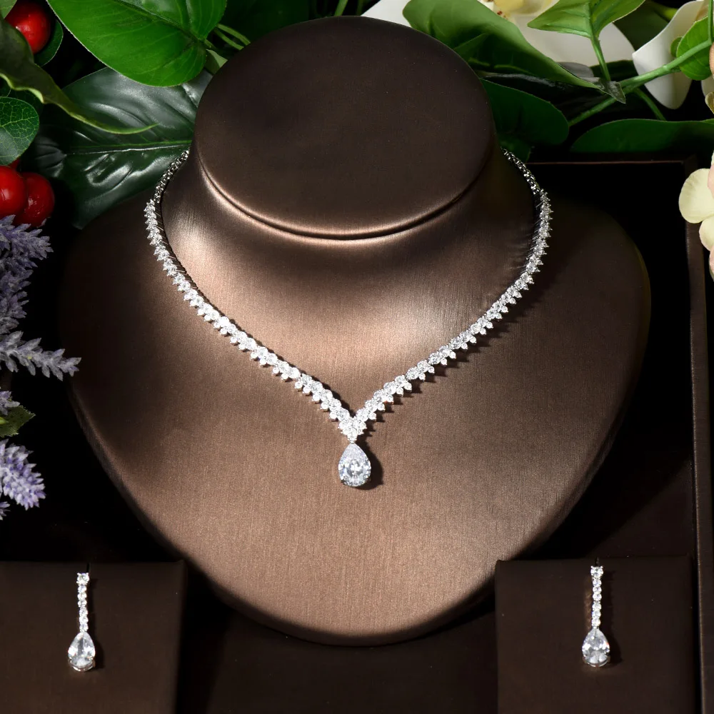 

Fashion Super Water Drop 2pcs Necklace and Earring Sets CZ Wedding Jewelry Set for Women Bridal Party Accessories bijoux N-1473