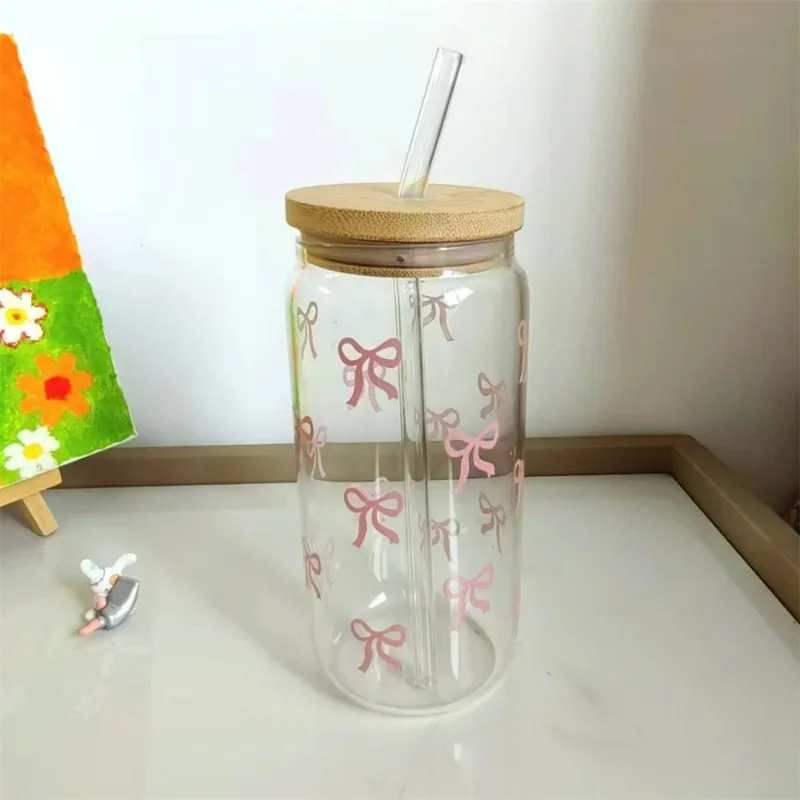 Beautiful and Interesting Pink Bow, Cute Covered Glass Cup and Straw Roller Glass Cup for Chilled Milk Coffee Cocktail Juice Cup