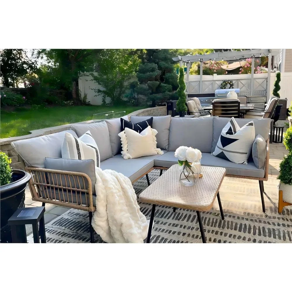 

Rattan 4 PCS Patio Furniture Set,Outdoor Wicker Sectional L-Shaped Sofa 5 Seater,Thickness Cushions Table Garden Furniture Sets