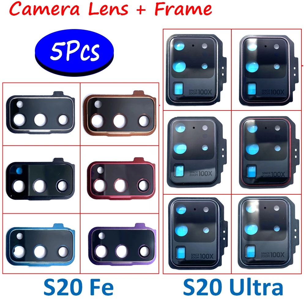 

5Pcs，100% Original Back Camera Glass Lens Rear Cover with Frame Holder With Adhesive For Samsung Galaxy S20 Ultra / S20 Fe