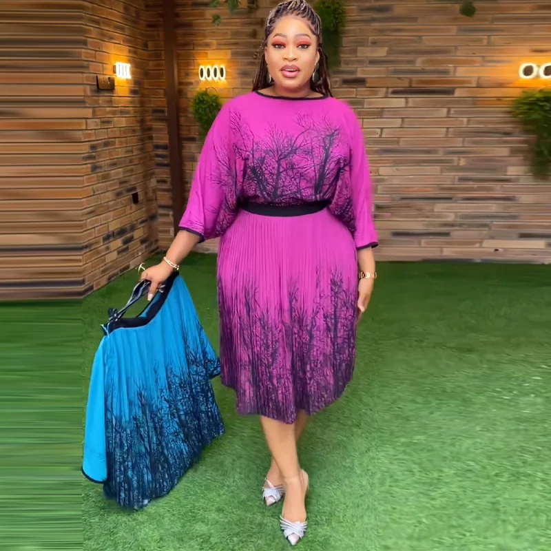 

African Dress For Women Dashiki Print Pleated Tops Skirt Two Piece Set 2023 Autumn Africa Clothing Plus Size Skirts Suit Wear