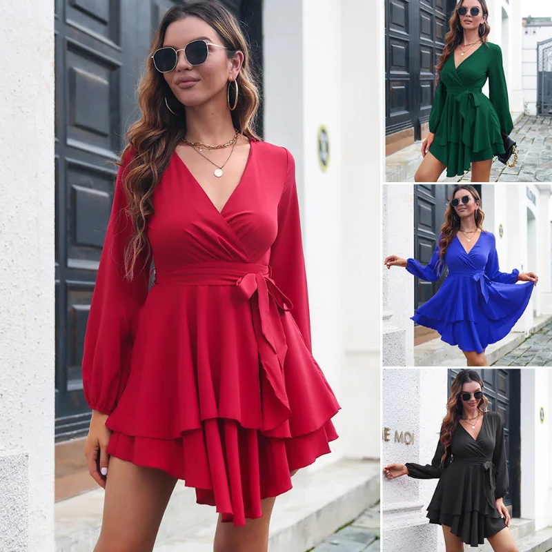 

Popular multi-layer hem V-neck dress for women with lace up long sleeved skirt dress bodycon dress summer dress