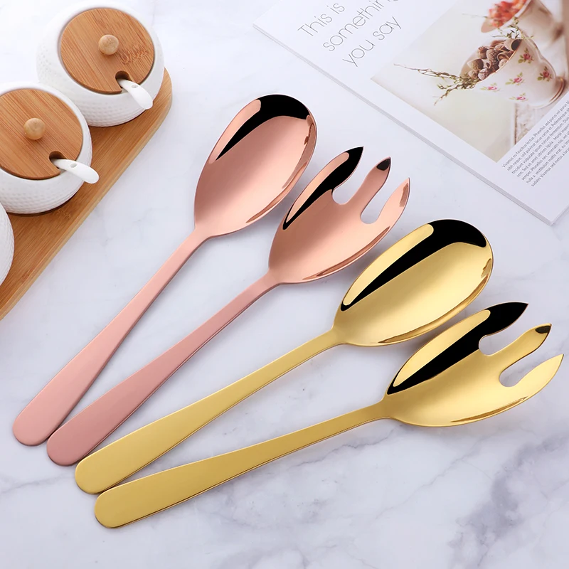 2pcs Gold Salad Spoon and Fork Stainless Steel Spoons Stirring Fork Kitchen Utensils Metal Buffet Service set for restaurant