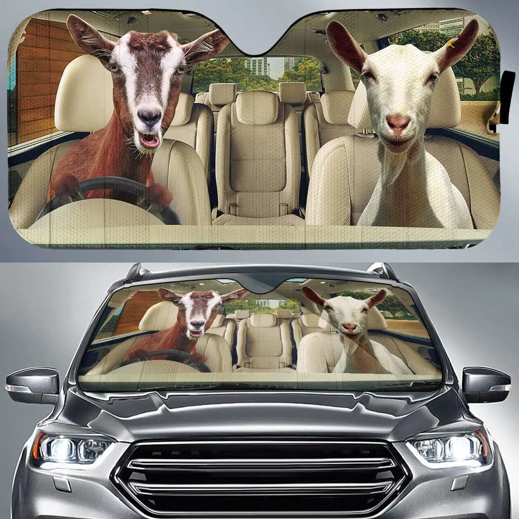 

Funny Goat Couple Drive Version Car Sunshade, Goat Driving Auto Sunshade for Goat Lover, Funny Farmer Gift, Car Windshield Visor