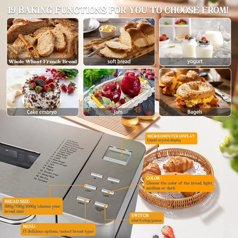 220V Household bread Maker fully automatic intelligent noodle fermentation multi-functional breakfast bread machine Maker 650W