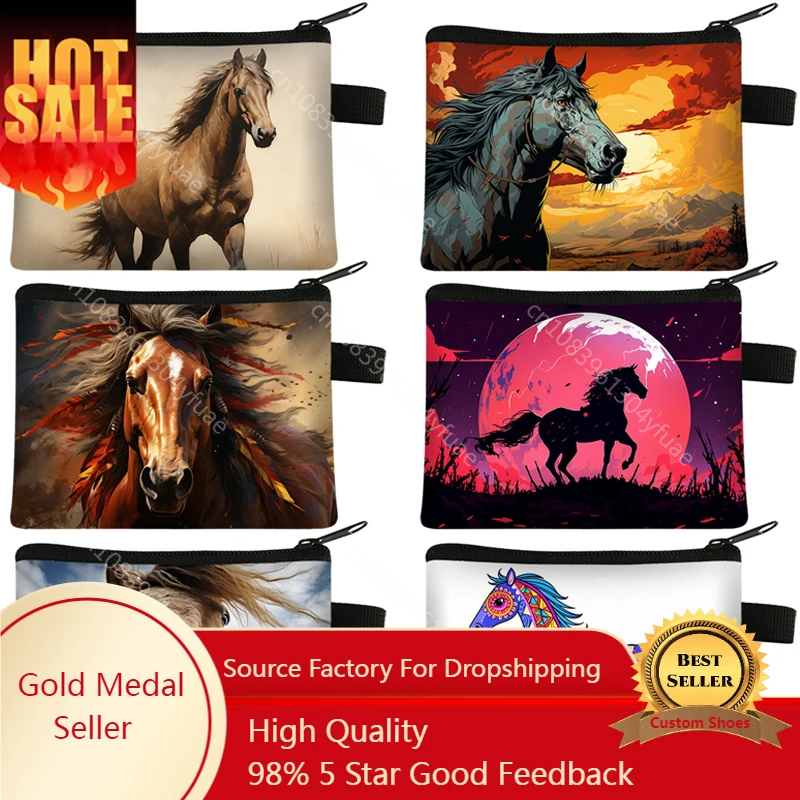 

Running Horse Coin Purse Colorful Indian War Horse Cloud Backlit Paint Mini Wallet Man Women Credit Holder Money Coins Bag Gift