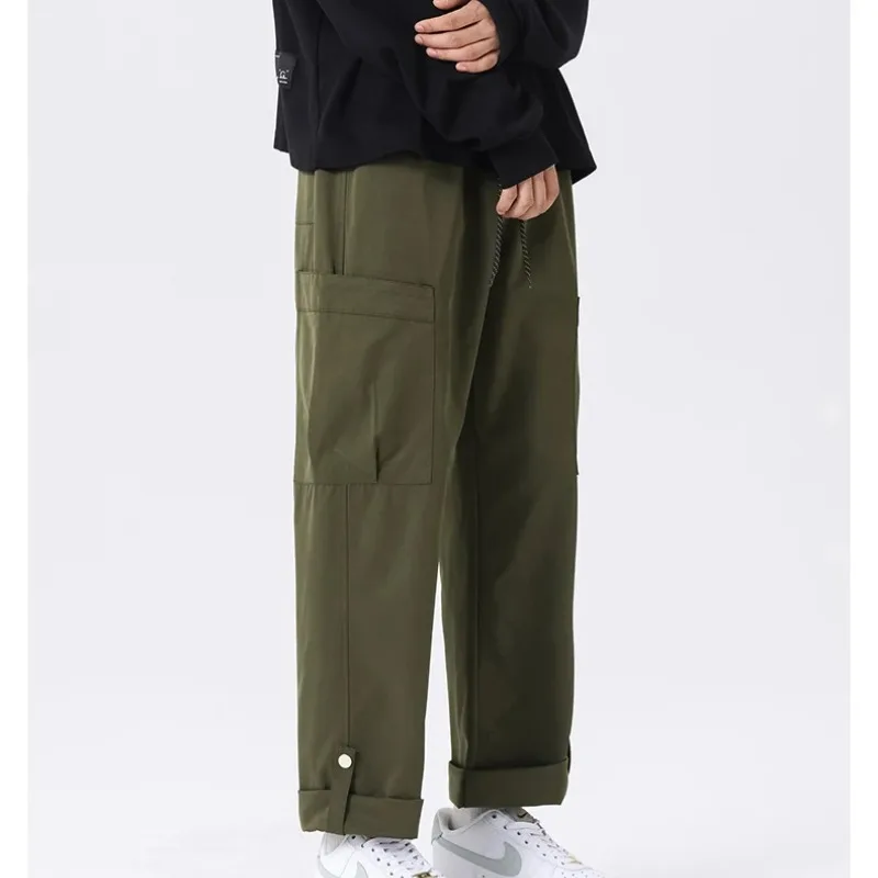 Spring Autumn Men's Pockets Solid High Waisted Elastic Casual Loose Straight Leg Trousers Casual England Style Vacation Pants