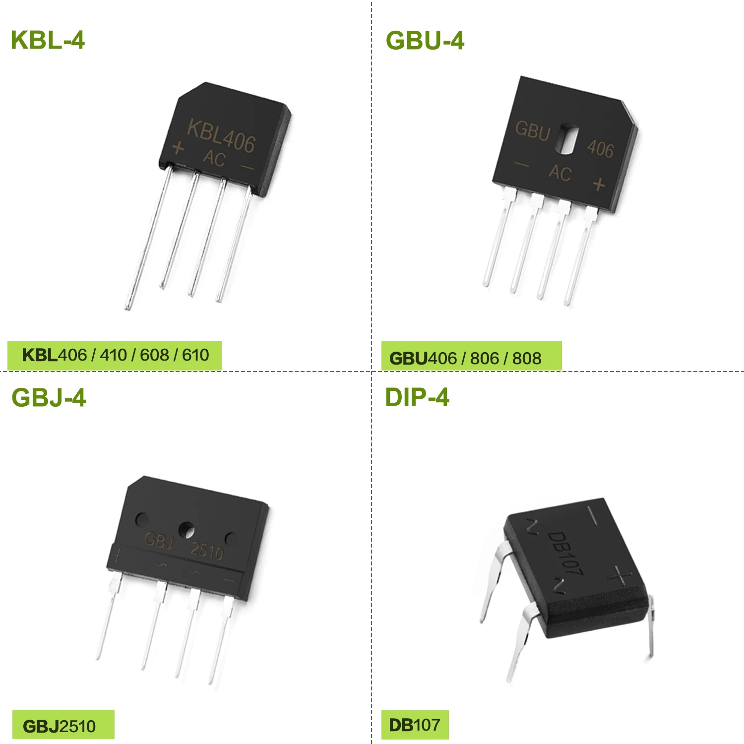 KBP206 KBP210 KBP310 KBL406 KBL410 KBL608 KBL610 GBU406 GBU806 GBU808 GBJ2510 DB107 KBPC610 Diode Bridge Rectifier 800V 1000V diode bridge rectifier rectifier diodes electrical rectifier diodes