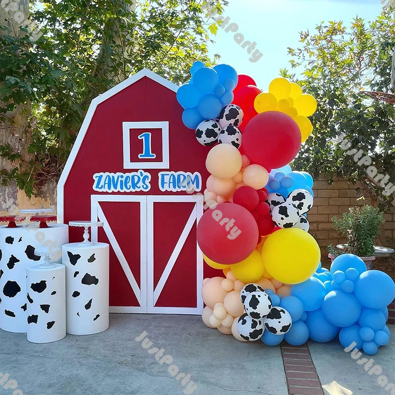 

Justparty Farm Theme Balloons Garland Cowboy Birthday Decoration Matte Blue Red Yellow Blush Cow Print Balloon Arch Baby Shower