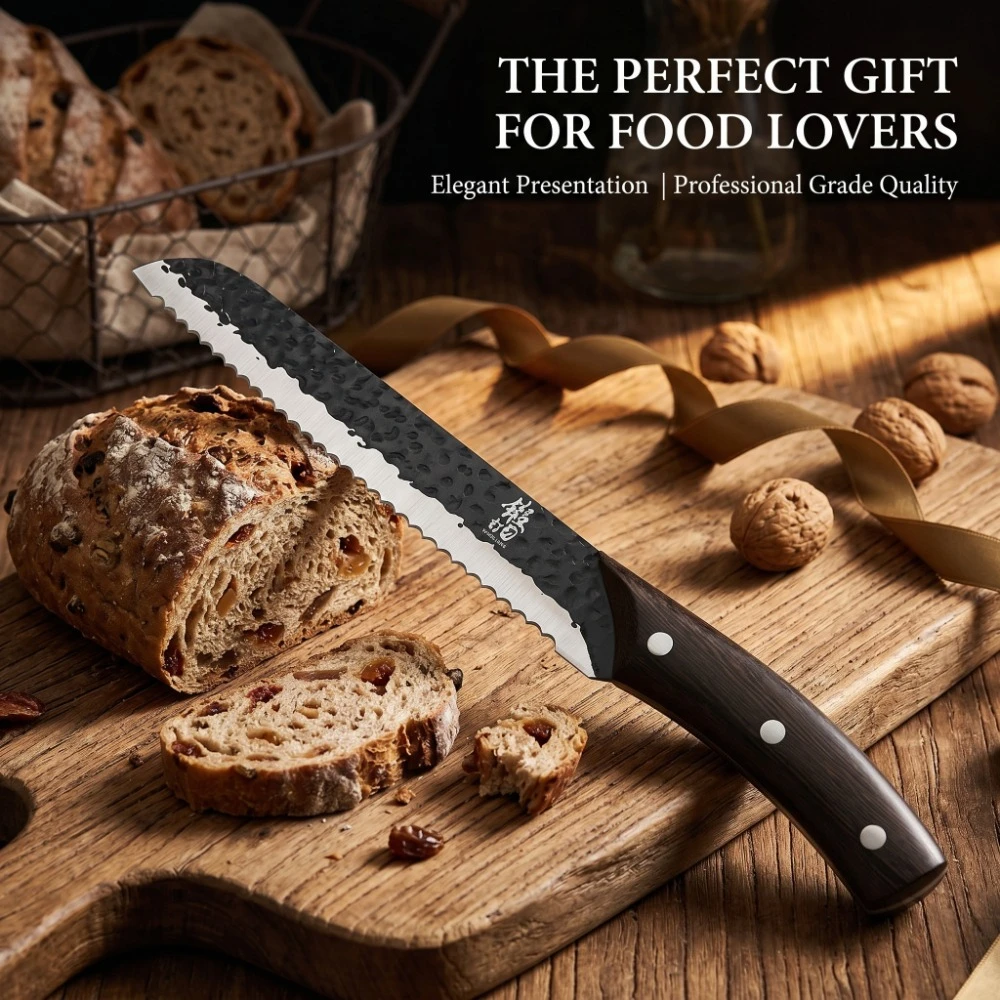 Coltelli da pane tradizionali forgiati a mano con lama in acciaio inossidabile martellato e manico in legno a gambo intero per pane e frutta