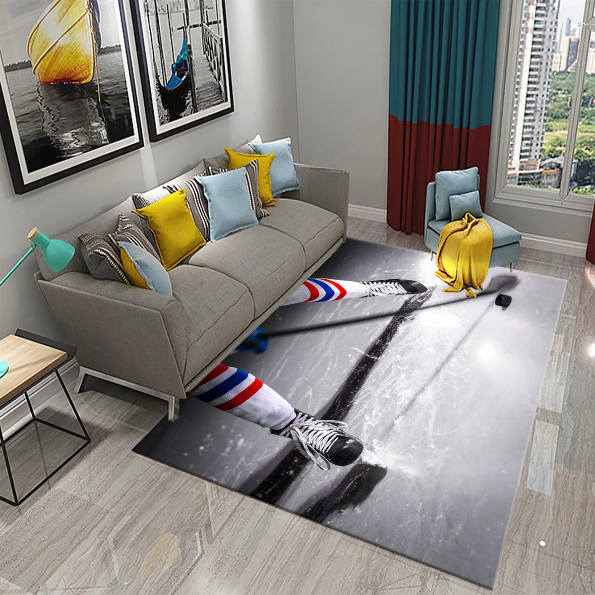 Ice Hockey Theme Carpet Winter Ball Sport for Living Room Bedroom Dining Bathroom Door Entrance Non-Slip Area Rug for Home Decor