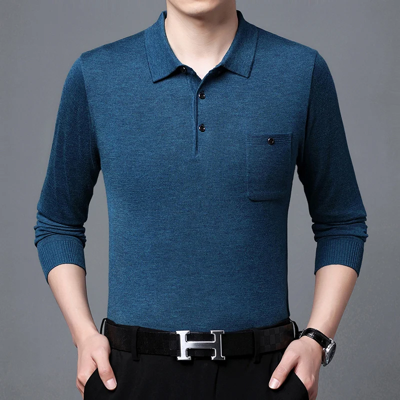 

2023 Spring Men's Sheep Wool Knit Polos Casual Turn Down Collar Knitwear Middle Aged Father Long Sleeve Thin Wool Jumpers