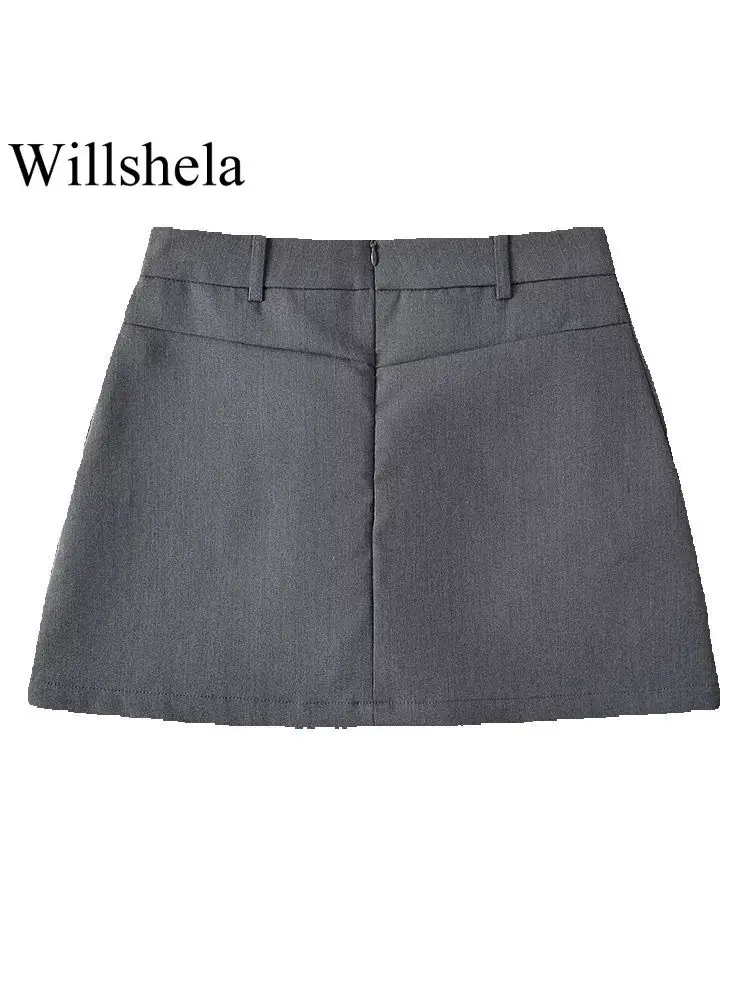 Willshela Women Fashion Solid Back Zipper A-Line Mini Skirt Vintage High Waist Female Chic Lady Skirts - Image 4