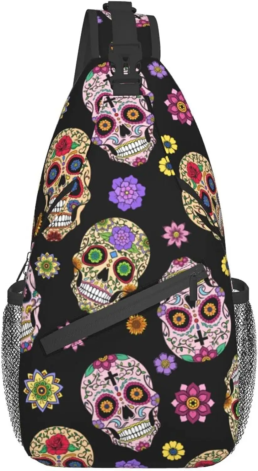 

Sugar Skull Unisex Chest Bags Crossbody Sling Backpack Travel Hiking Daypack for Women Men Shoulder Bag for Casual Outdoor Sport