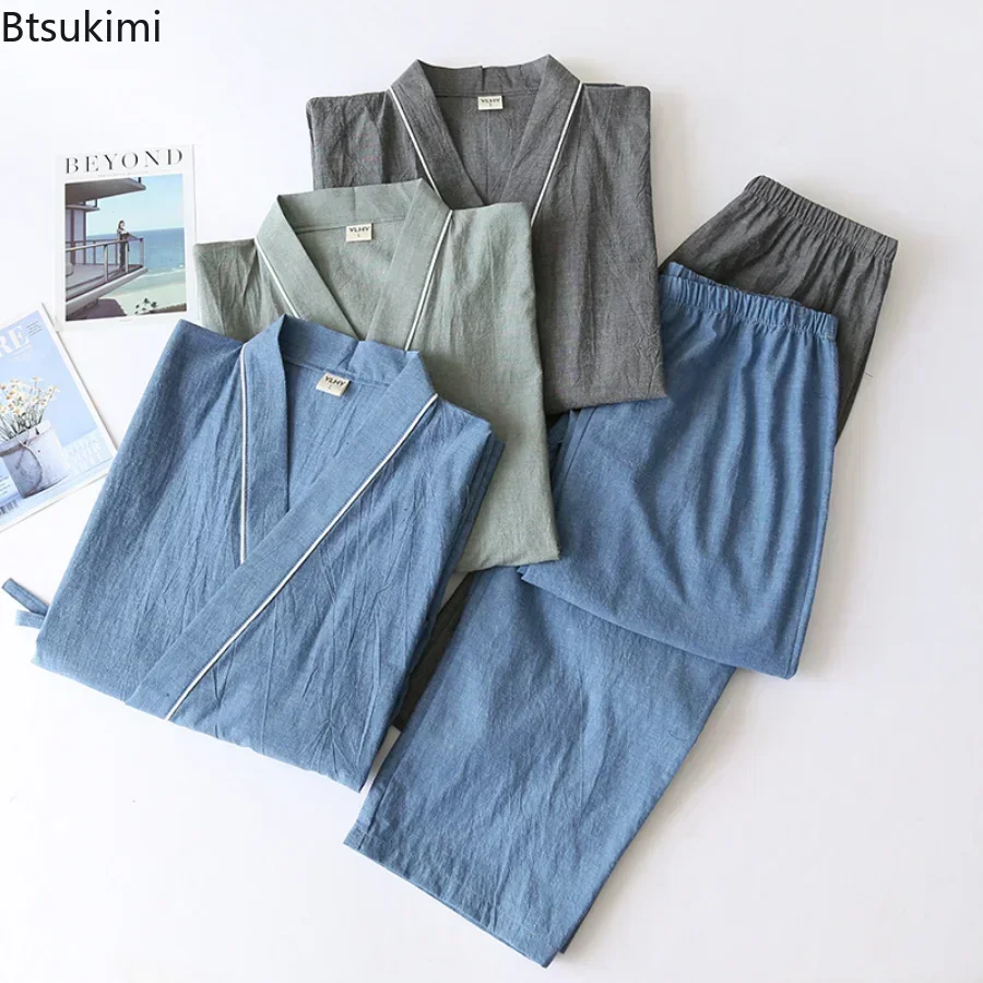 Men's Solid Japanese Kimono Pajamas Casual Sleepwear Male Lace-Up Top and Pants Sets Soft Two-piece Homewear Suit Male pajama sets