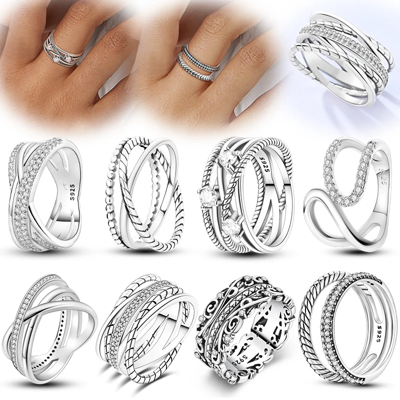 Women's 925 Sterling Silver Geometric Overlapping Zircon Classic Design Rings Anniversary Birthday Engagement