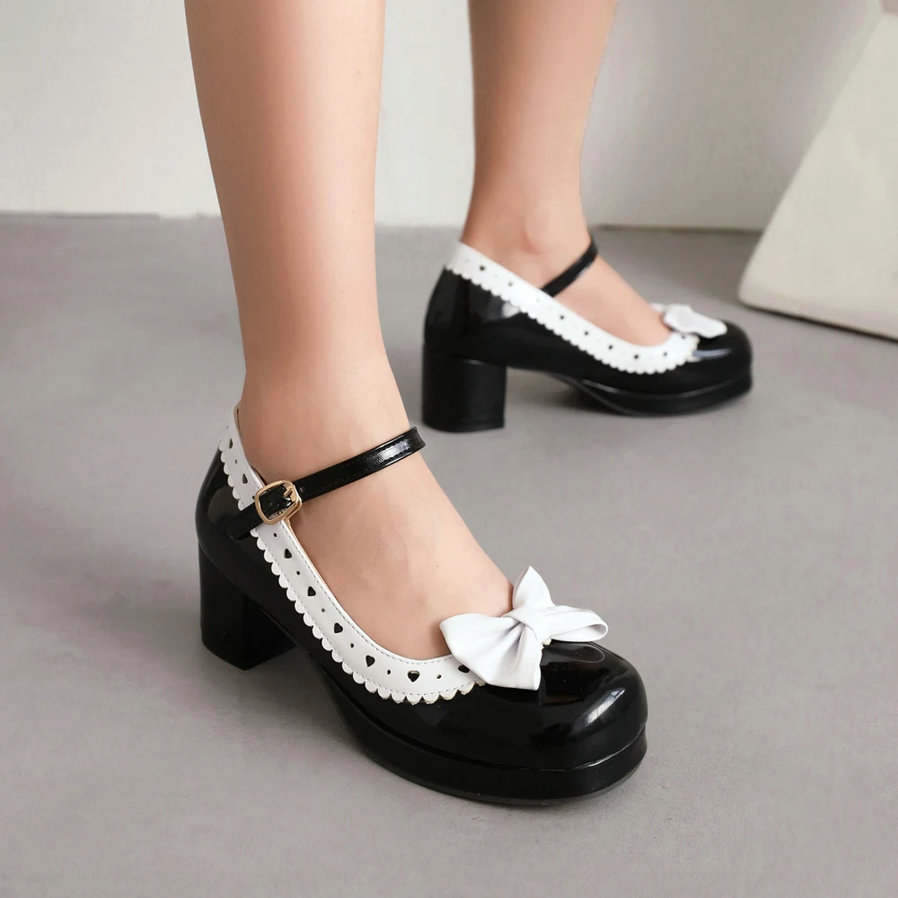 Woman's Block Heel Classic Lolita Shoes Cute Bowknot Strap Buckle Vintage Mary Jane Shoe Patent Leather Platform Pumps Plus Size