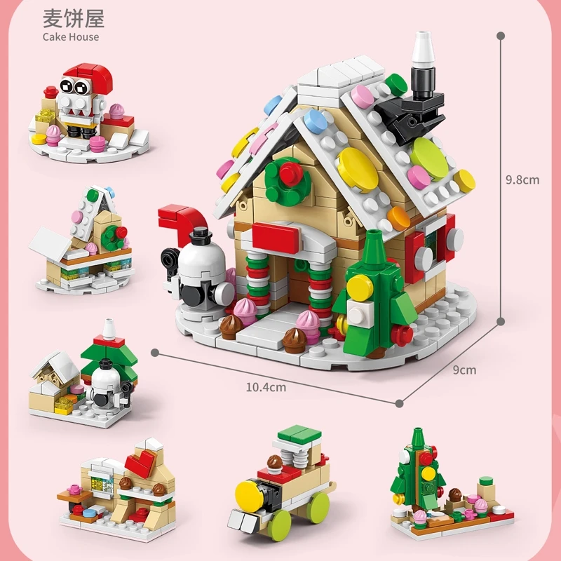 6 In 1 Creative Christmas Series Building Blocks Set Kawaii Reindeer Winter Village Mini House Model DIY Bricks Toys For Kids