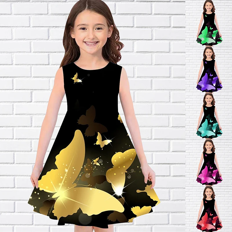 

Girls 3D Print Dresses Kids Girl Party Sleeveless Princess Dress Tank 3D Print Pretty Butterfly Dress