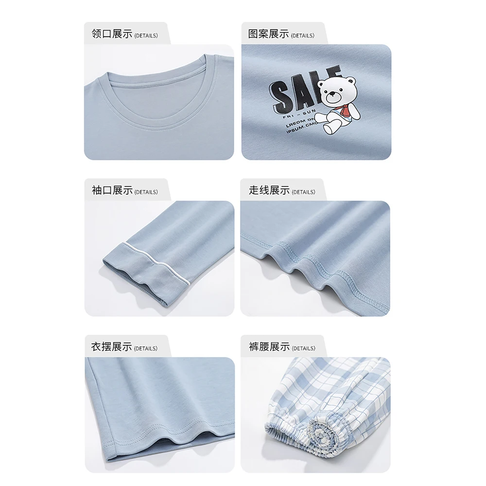 100% Cotton Breathable Soft Sleepwear for Sleeping Spring Autumn Cartoon Print Male Plaid Pajamas Set Casual Comfortable pyjama