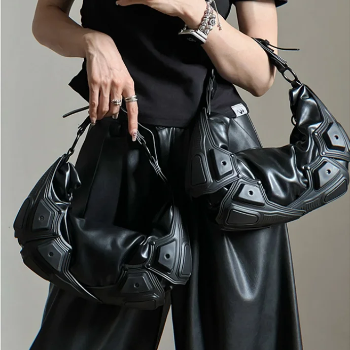 Women Punk Shoulder Bag Vintage Underarm Bag Punk Tote Bag Girls PU Leather Armpit Bag Multipocket Y2K Female Commute Daily Bag