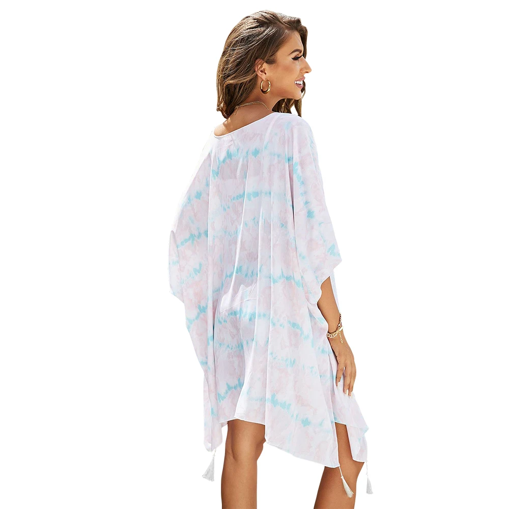 Women Sun Protection Shawl Lady Summer Chiffon Cardigan Holiday Bikini Blouse Breathable Gradient Beach Cape Tie-Dye Sexy Cloak