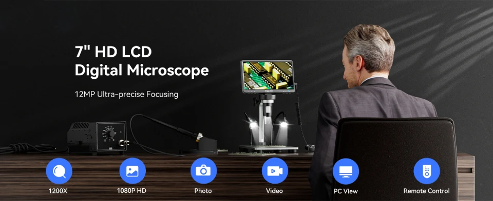 Description Picture 2 of item7‘’ Digital Microscope 1200X Zoom 12MP HD Electronic Microscopes Camera Magnifier for Soldering Phone Repair Microscope 32GB