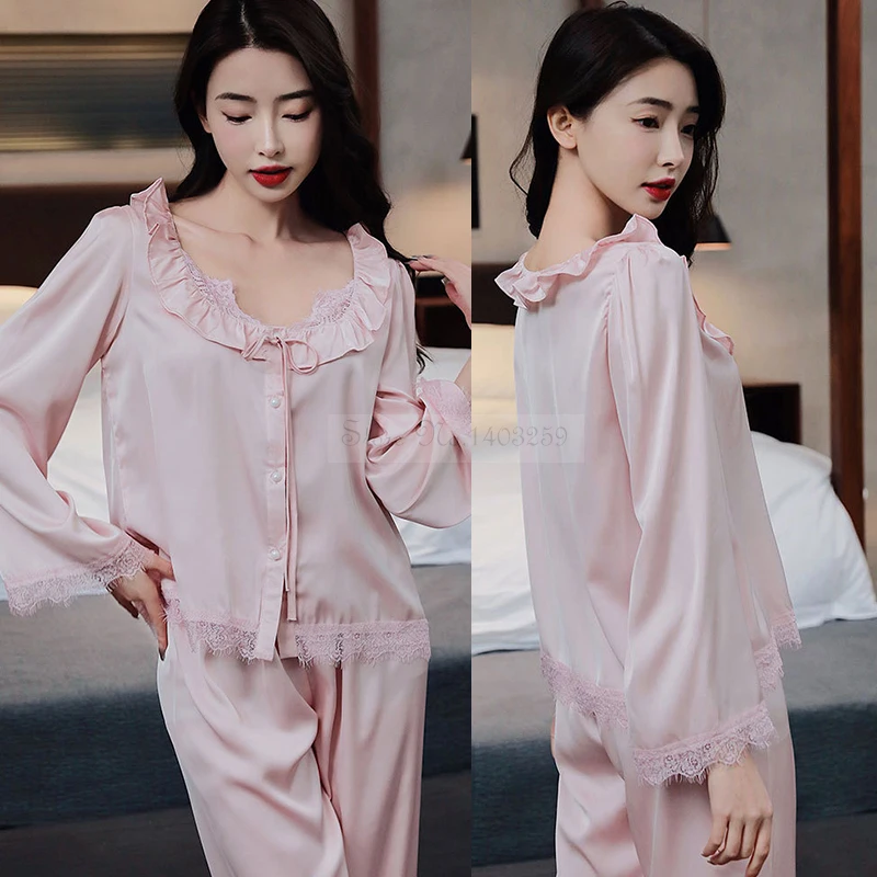 

Sweet French Ruffle Pyjama Pour Femme New Spring Pajamas Set Trouser Suits Casual Satin Home Clothes Female Sleepwear Loungewear